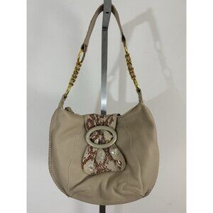 CHI By FALCHI Beige Pebble Leather Shoulder Bag With Snakeskin Detail